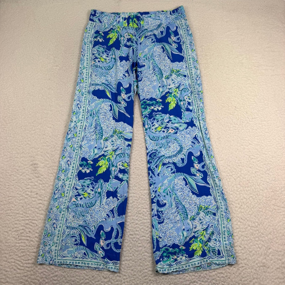 Lilly Pulitzer Wide Leg Pants Small Blue Seahorse Print Beachy Coastal Preppy